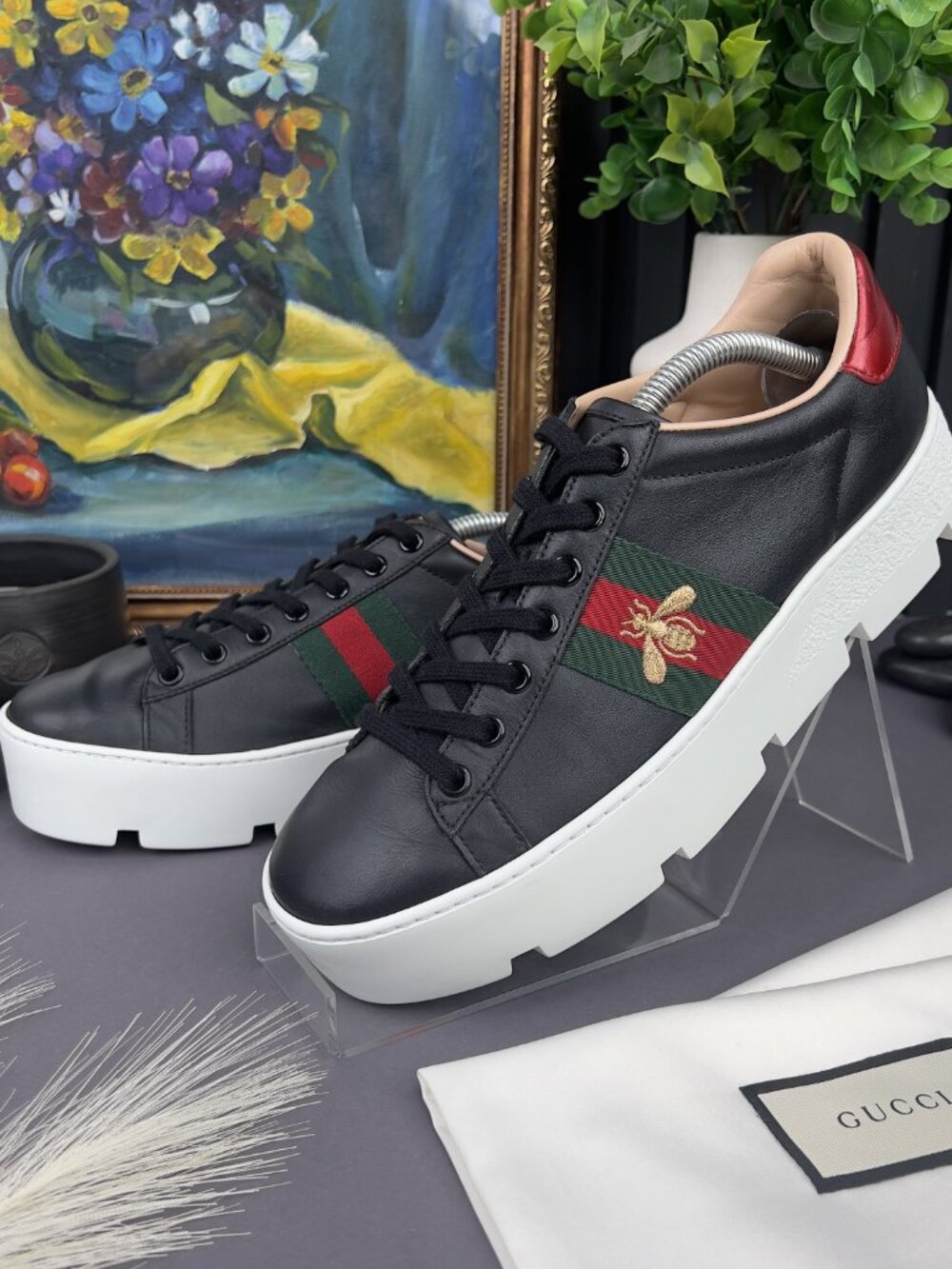 RRP$990 Gucci Ace Sneaker Web Bee Embroidered Platform Black 7.5 US or 37.5 EUR
